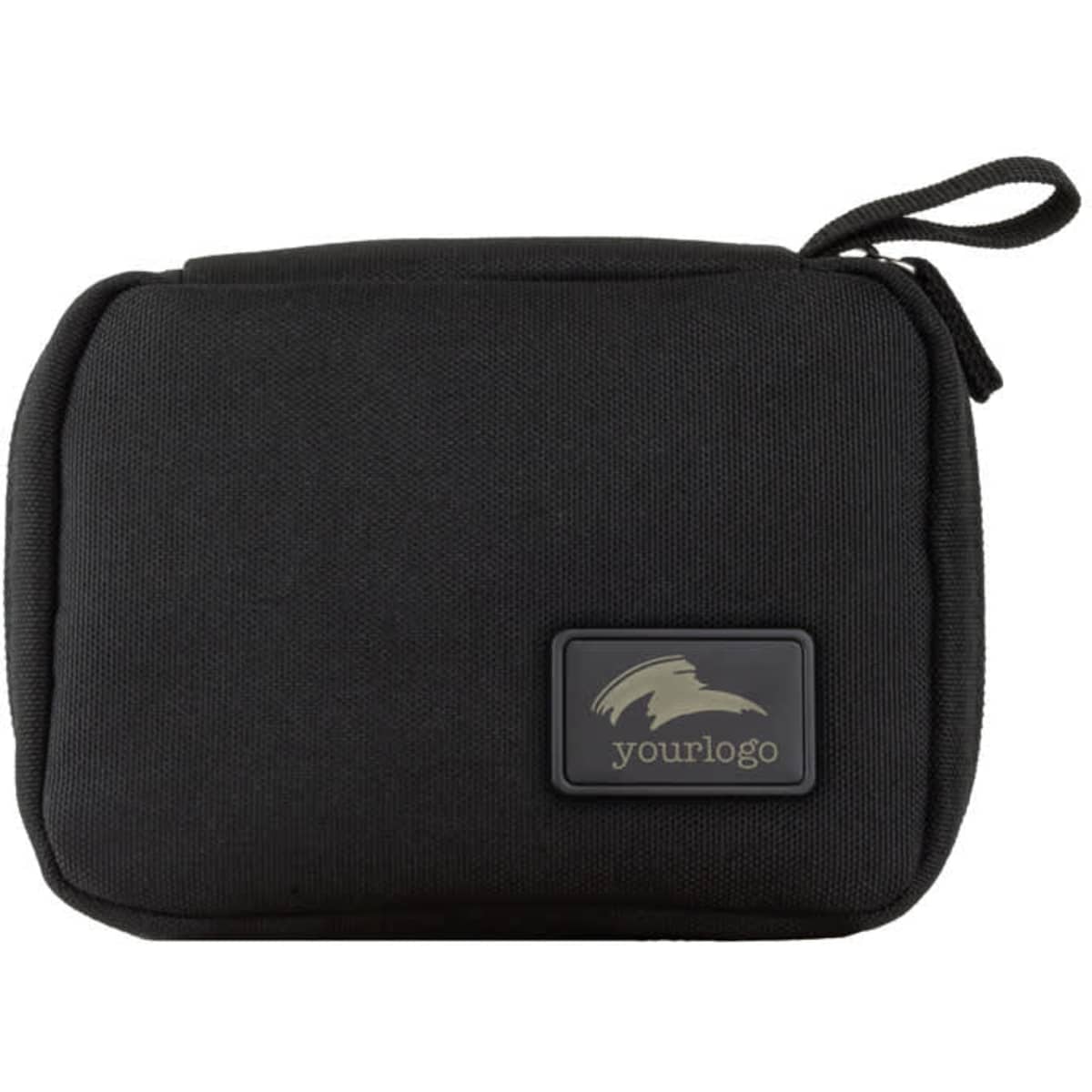A black eco accessory pouch featuring a logo, ideal for toiletries and small items.