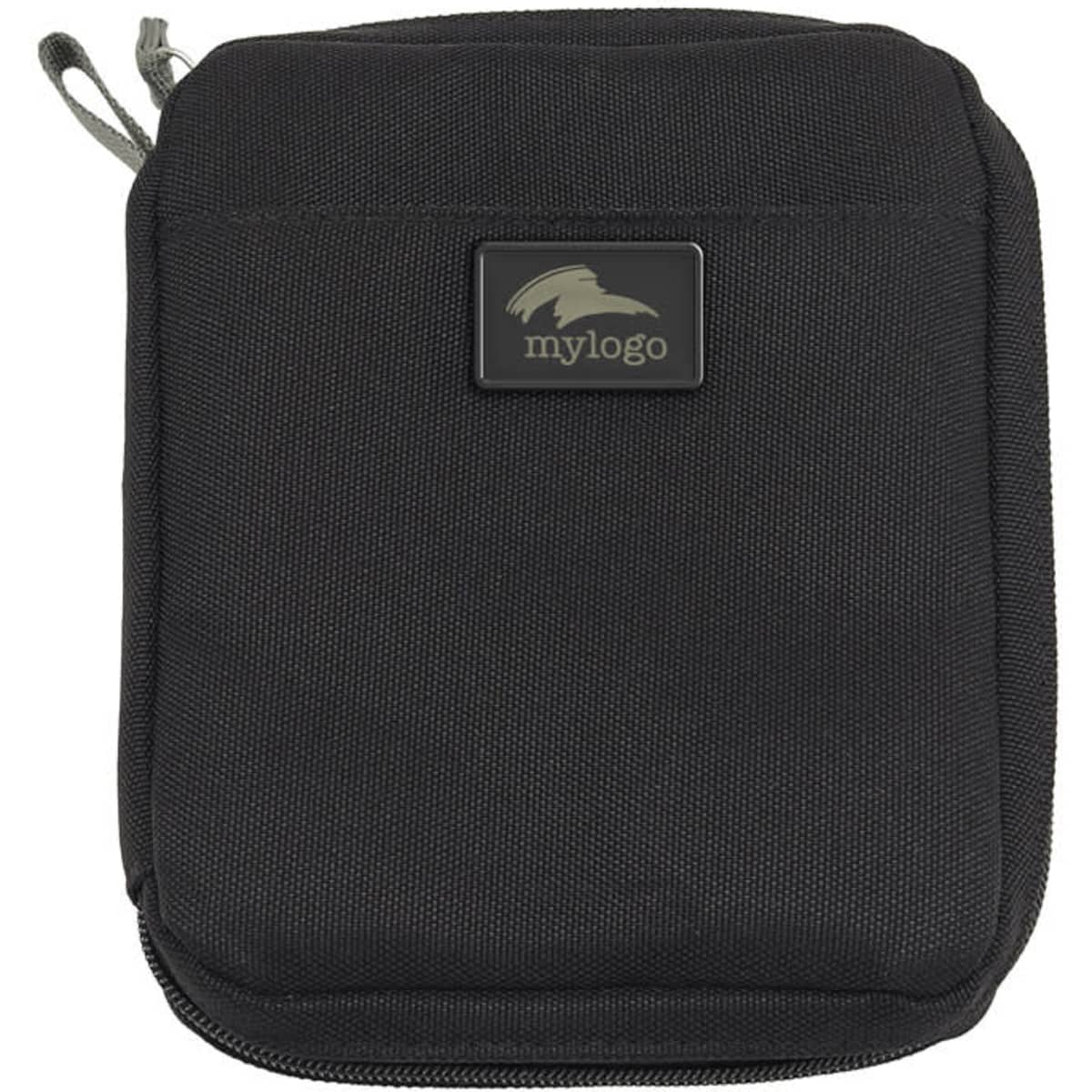 A black eco accessory pouch with a zip closure and a logo on the front.