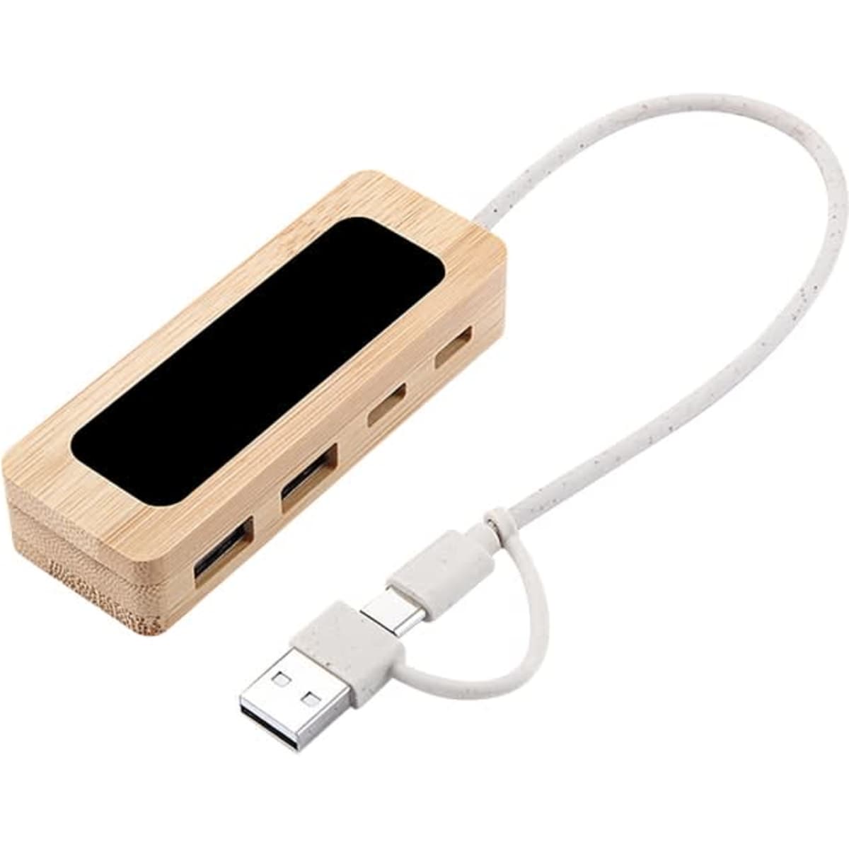 A bamboo USB hub with a white cable, featuring multiple USB ports and a black section on top.