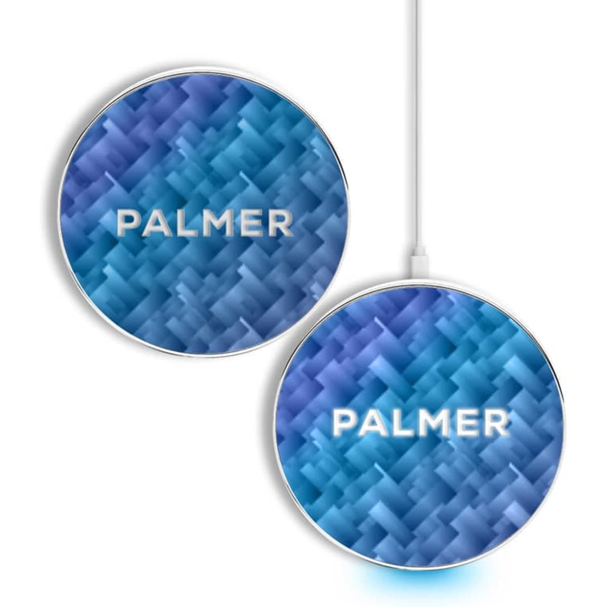 A round, blue wireless charger with a textured design and a logo, featuring a light-up base for charging devices.