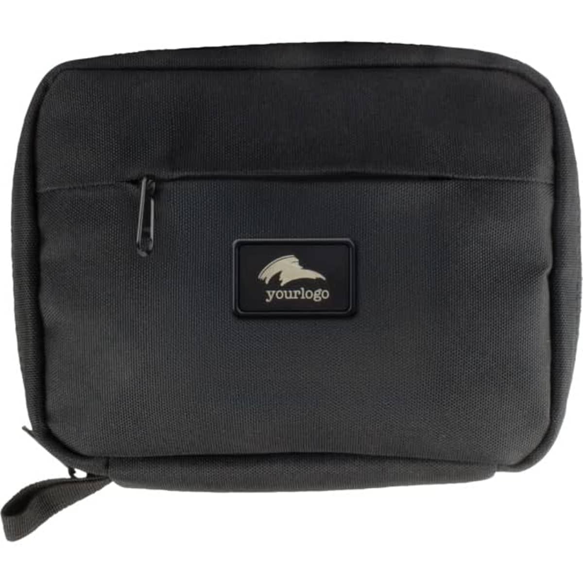 A black eco accessory pouch with a zippered pocket and a logo. The pouch has a rectangular shape and sturdy design.