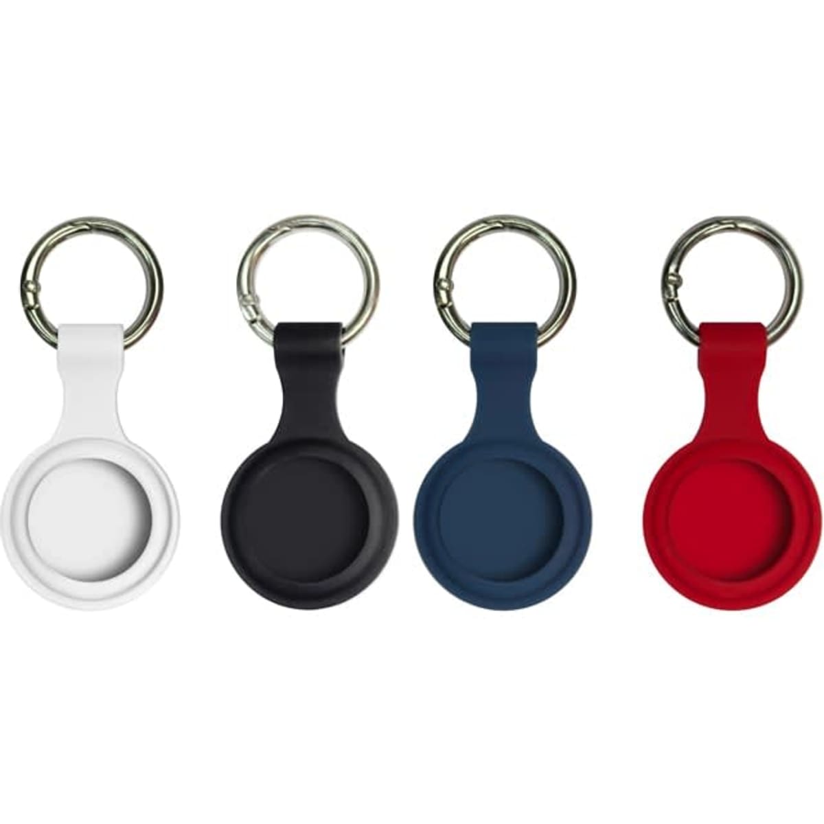 A set of four silicone Airtag cases in white, black, navy blue, and red, each with a metal keyring.