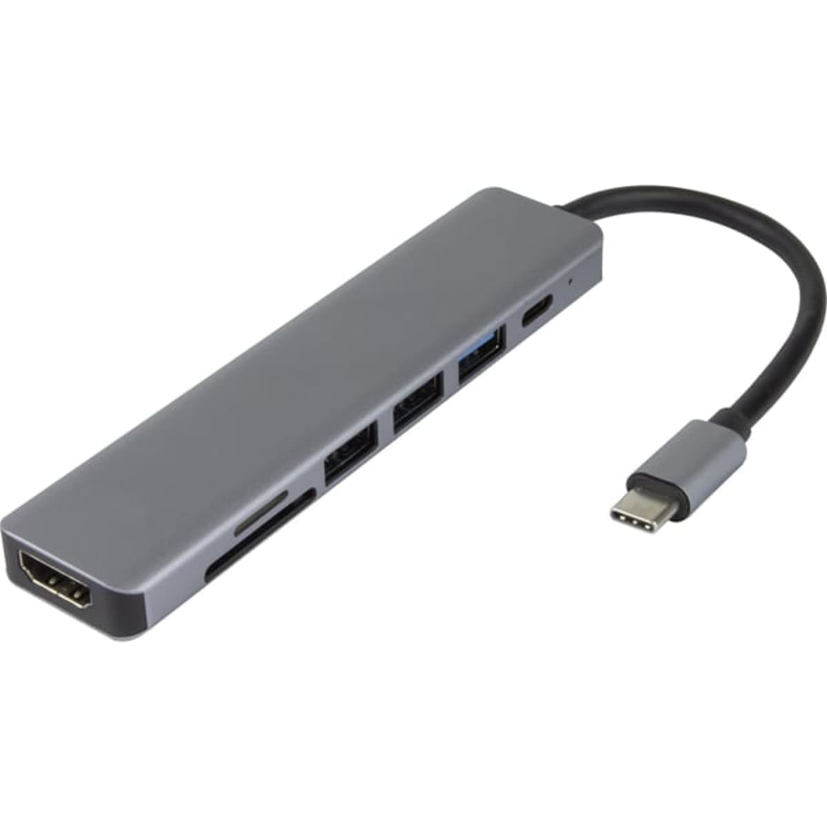 A grey Type-C hub with multiple ports including Type-C, Type-A, HDMI, and SD card slots.