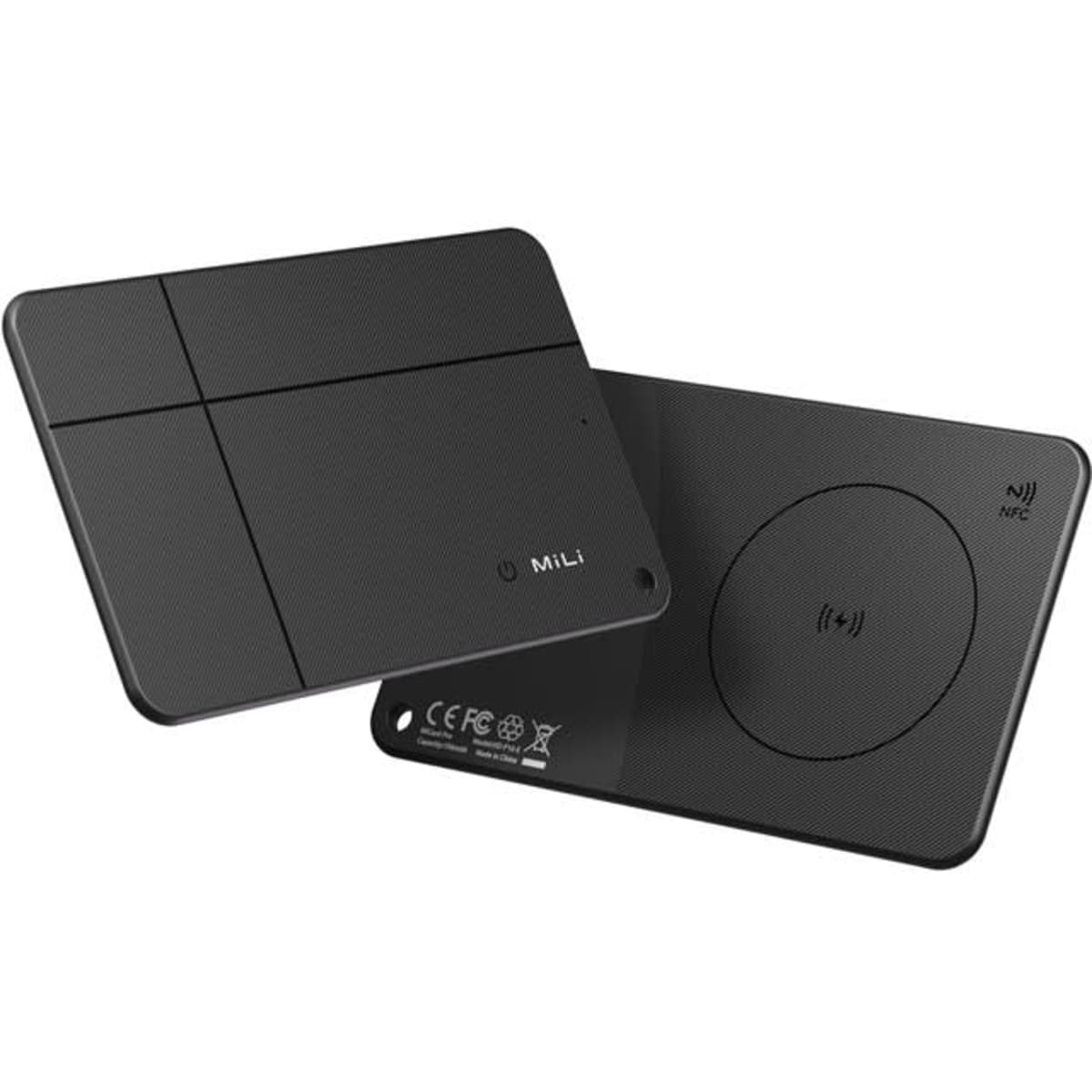 A black wireless charging pad with a smooth surface and a logo, featuring two sections for charging devices.