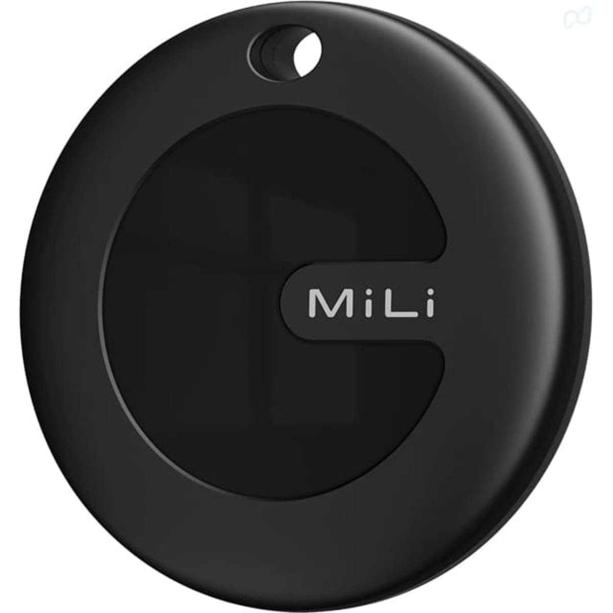 A round, black tracking tag with a central button and a small hole for attachment, featuring a logo.