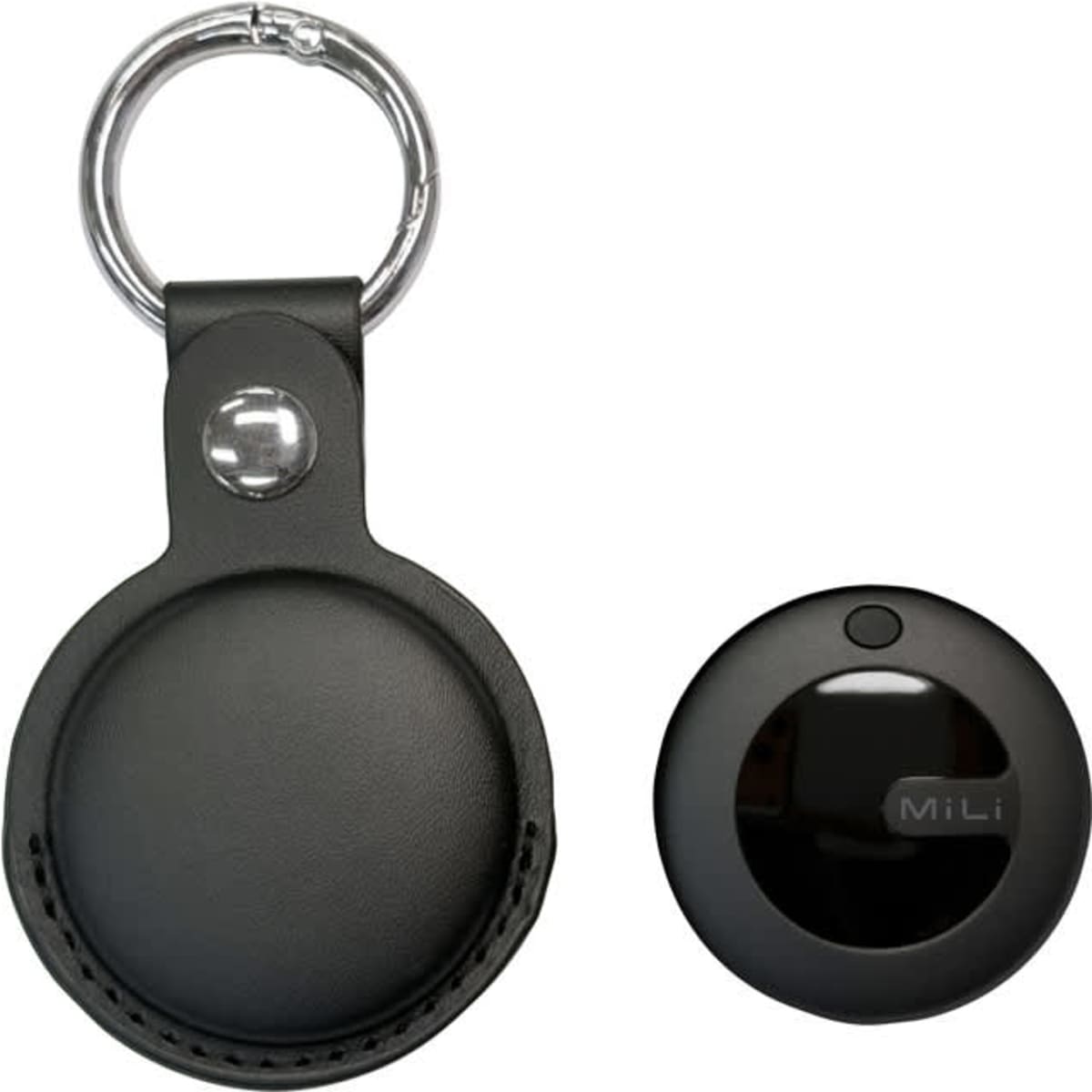A black tracking tag with a PU case and a metal keyring attached, featuring a logo.