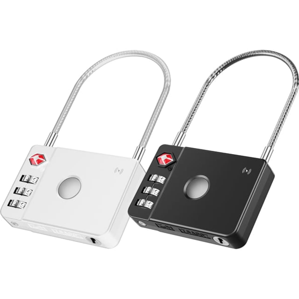 A white and black MiLock Duo Tag Luggage Lock with a flexible metal shackle and numeric combination dials.