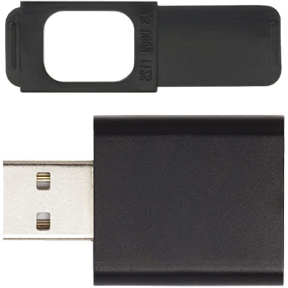 A black USB security device with a removable cover for webcam privacy.