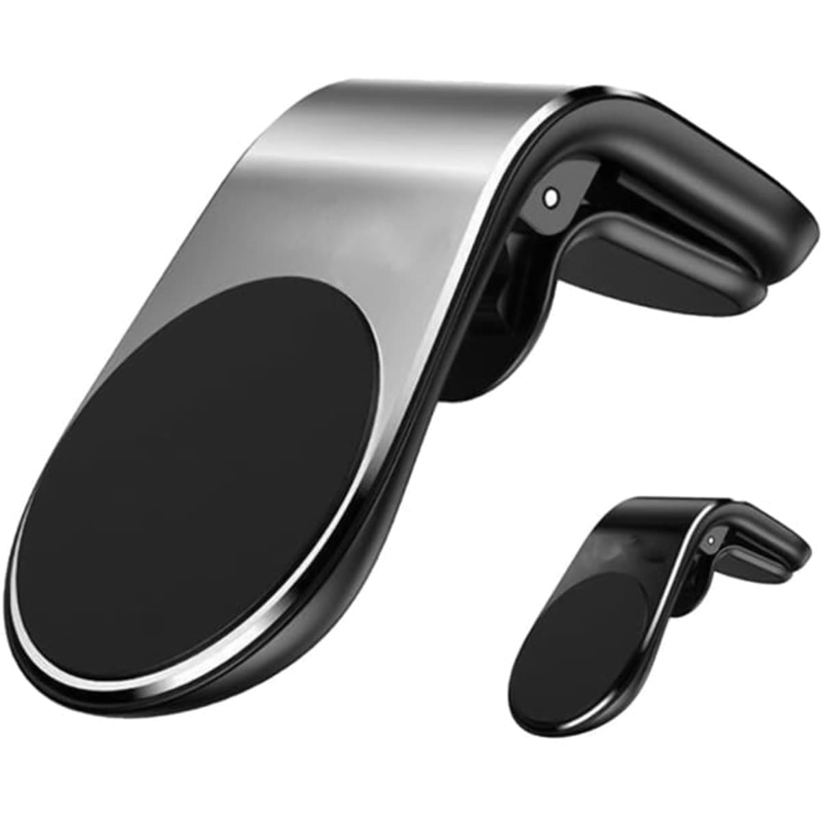 A sleek silver and black magnetic car phone holder with a curved design and a circular magnetic pad.