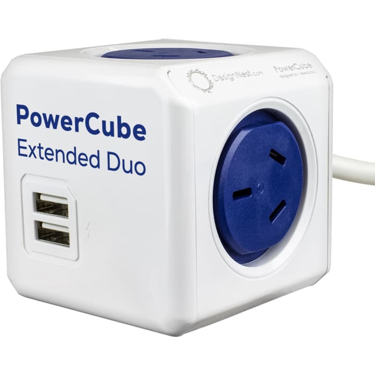 A white power cube with a blue top featuring two USB ports and two Australian power outlets. It has a logo.