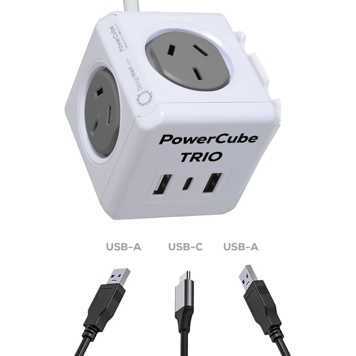 A white Power Cube Extended Trio featuring three power sockets and two USB-A ports, one USB-C port, with cables.