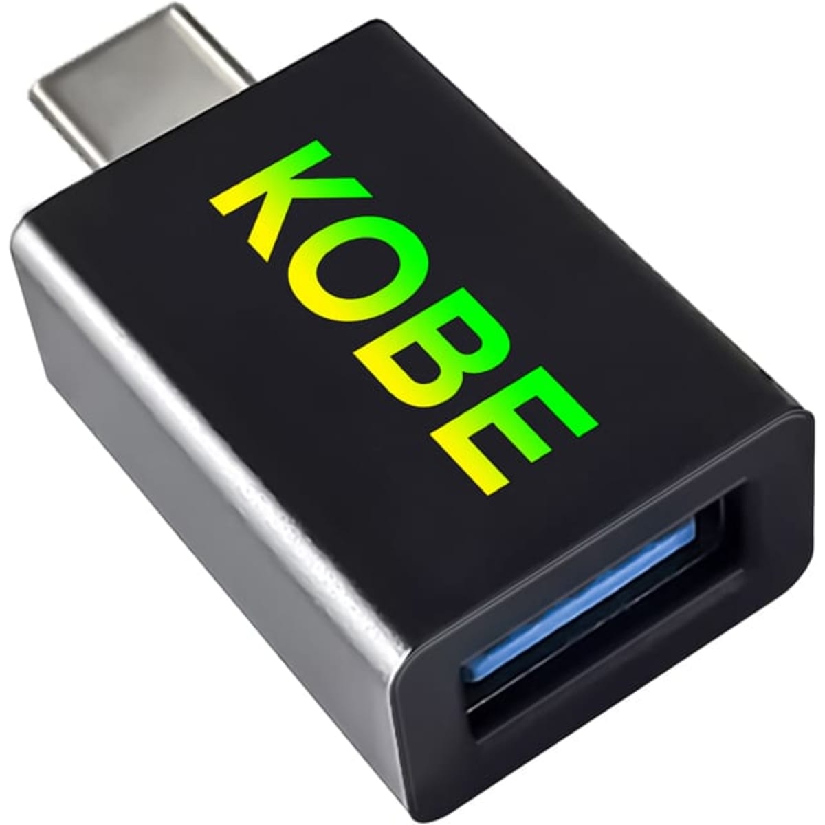 A black Type-C to Type-A adapter with a highlighted logo. It features a metallic edge and a blue USB port.