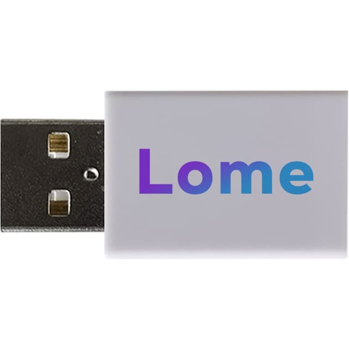 A white data blocker featuring a Type-A USB connector and a branded logo.