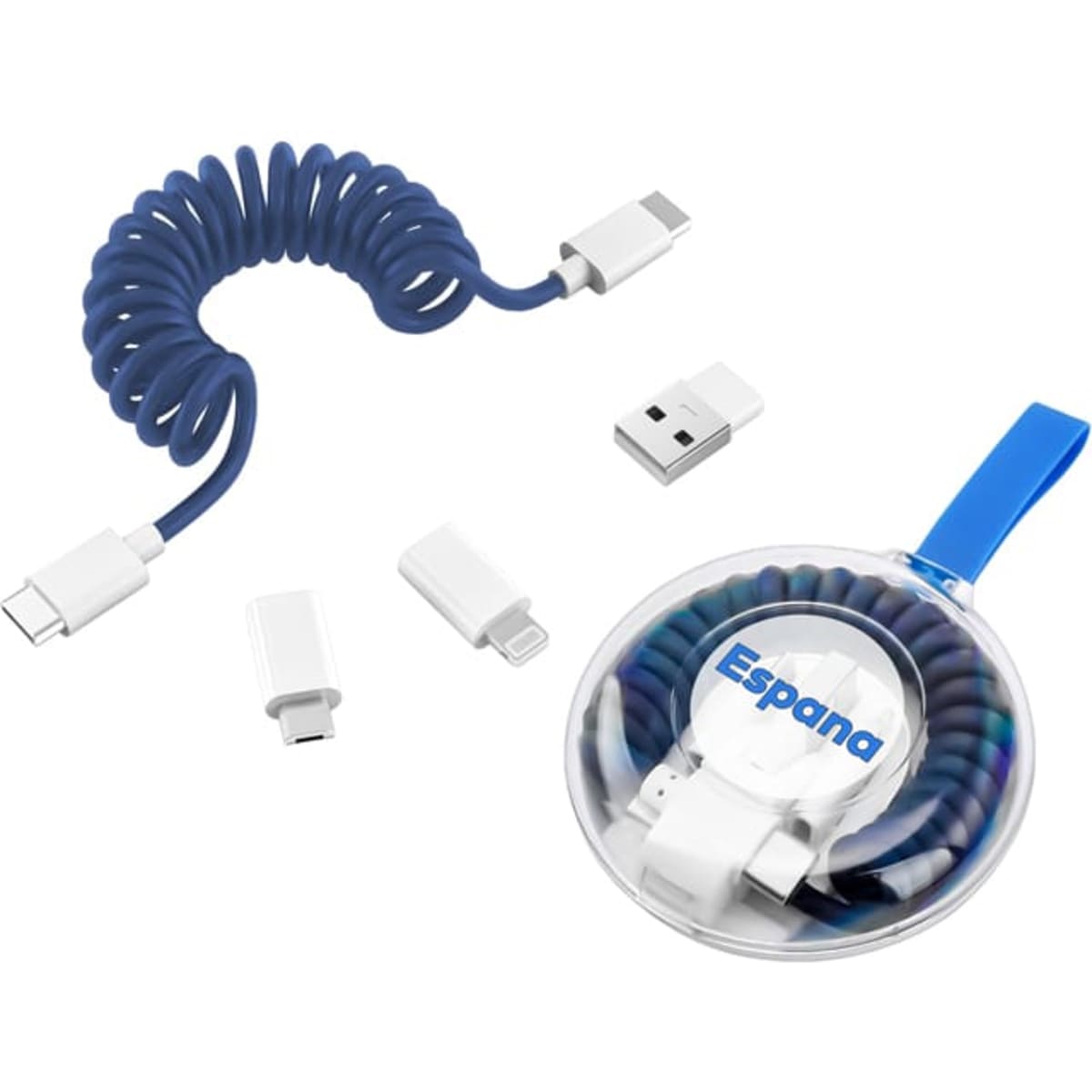 A spiral blue Type-C charge cable kit, featuring connectors and a clear case with a logo.