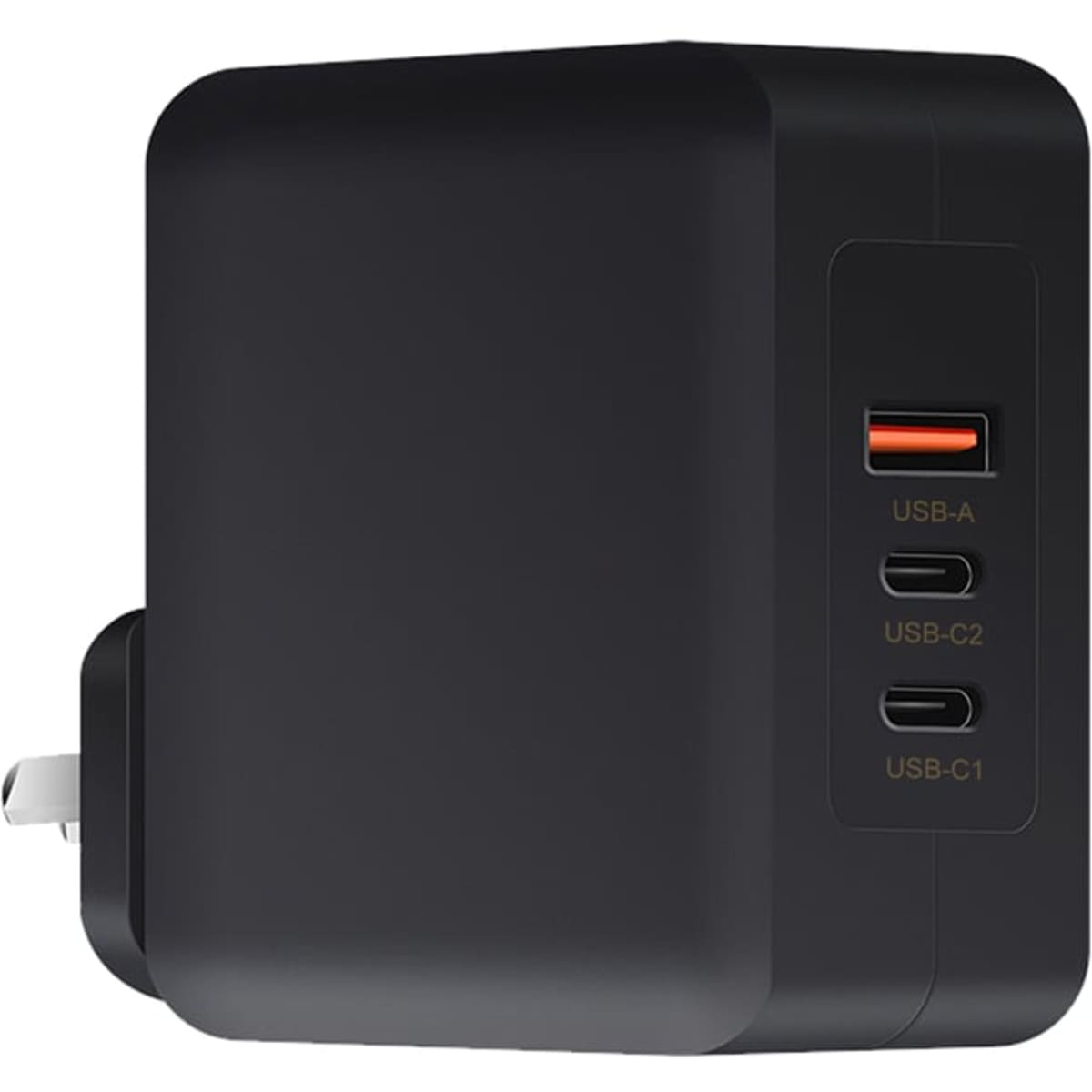A black 100 Watt GaN quick charger featuring multiple USB ports and a plug attachment.