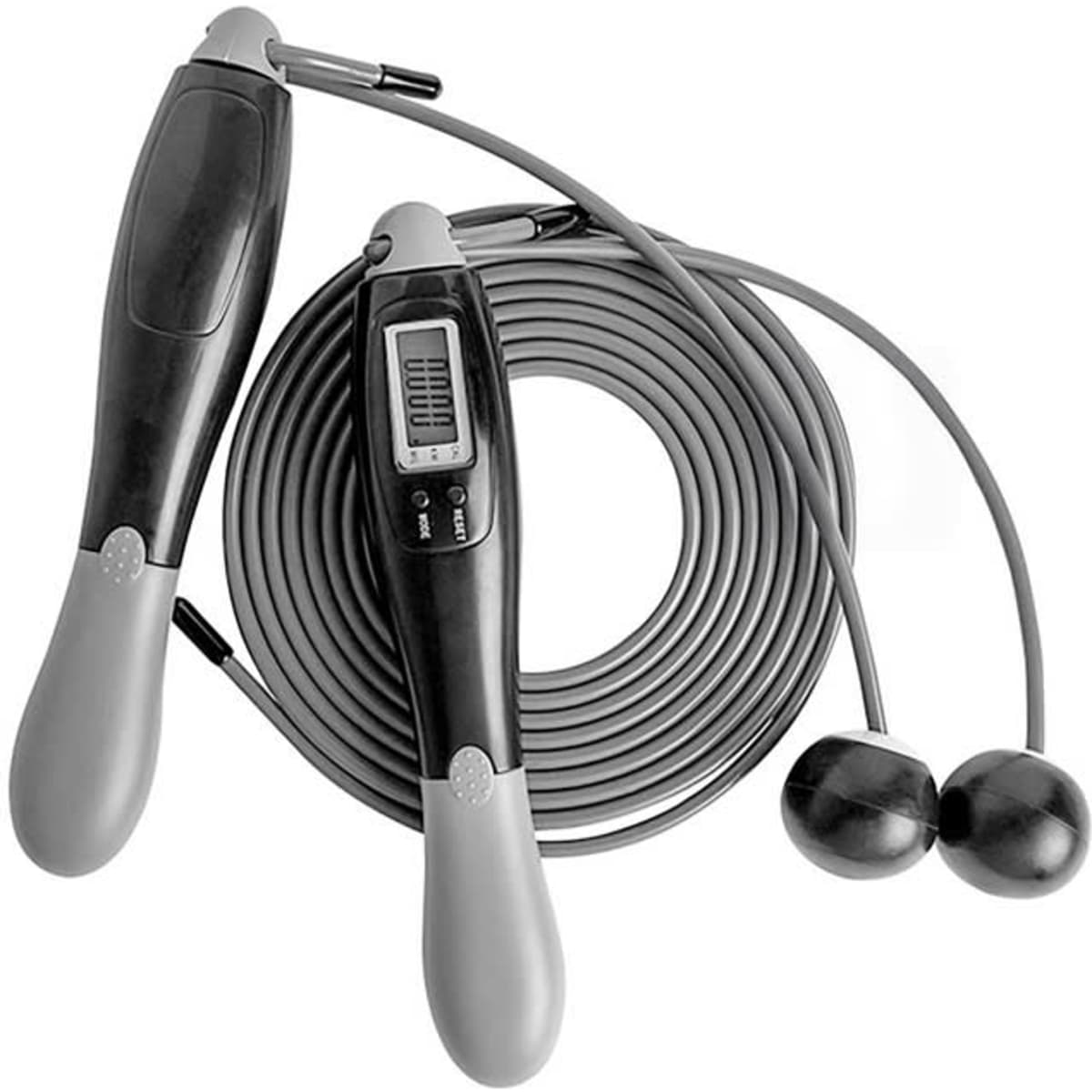 A digital skipping rope featuring black and grey handles, a long grey rope, and rounded ends.