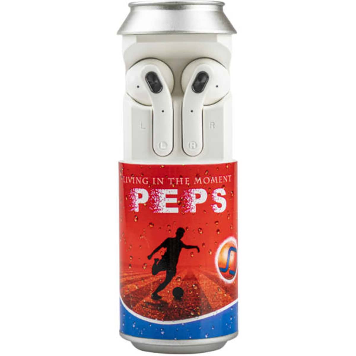 A pair of white earbuds resting on a colourful can featuring sports imagery and a logo.