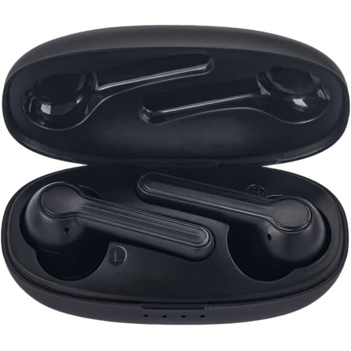Black Leeds TWS earbuds in a charging case, featuring a sleek design and compact storage.