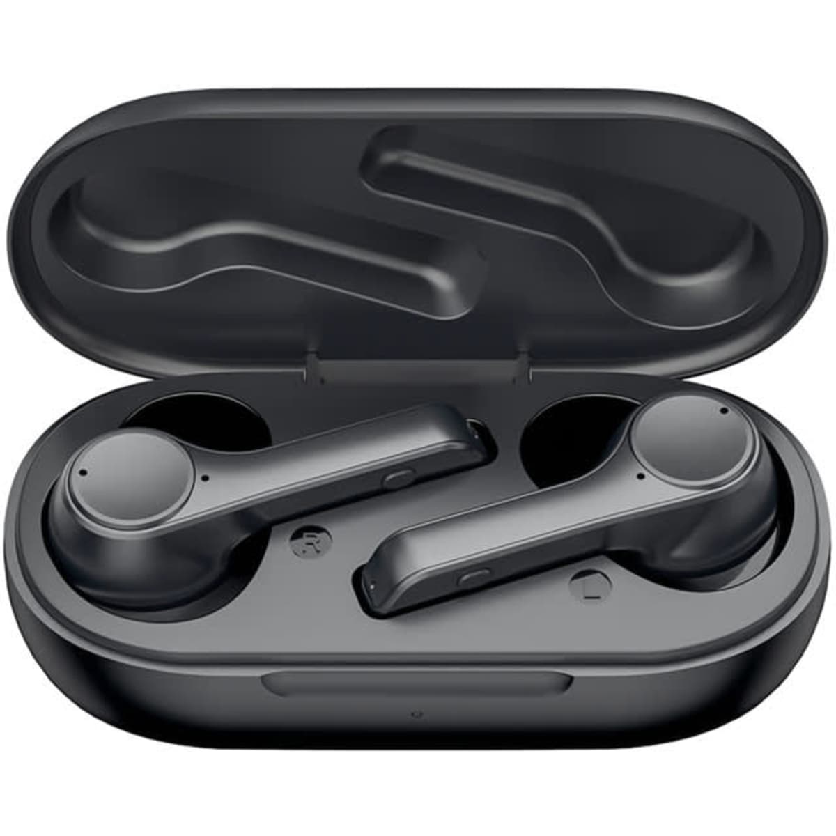 Active noise cancelling TWS earbuds in a black charging case, featuring a sleek design and a compact shape.