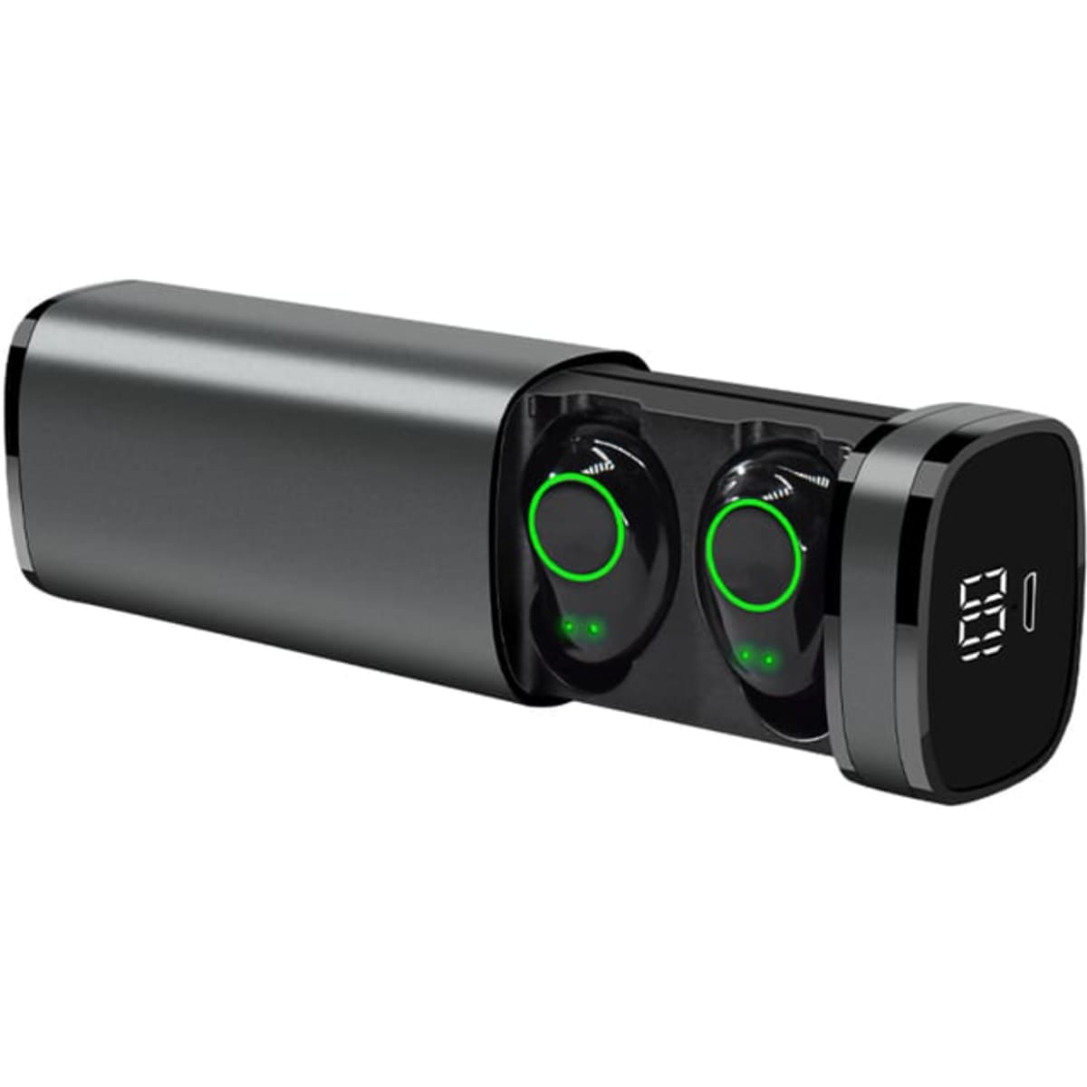 A pair of black Royston TWS earbuds in a charging case with a digital display. The case is sleek and cylindrical.