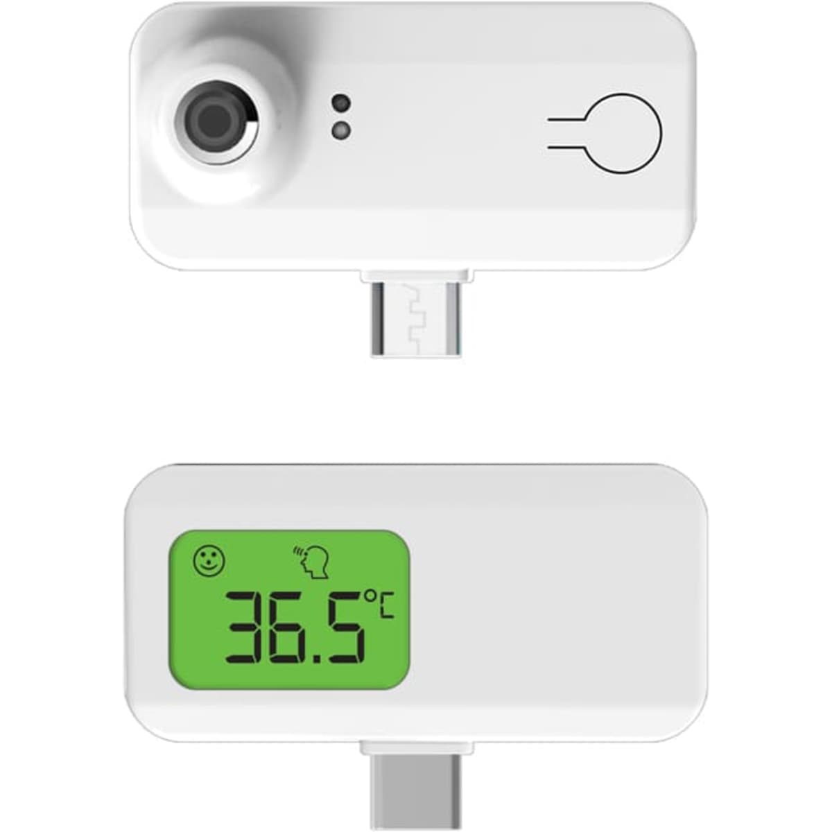 A white thermometer with a digital display showing temperature. It has a connector for smartphones and a logo on the side.