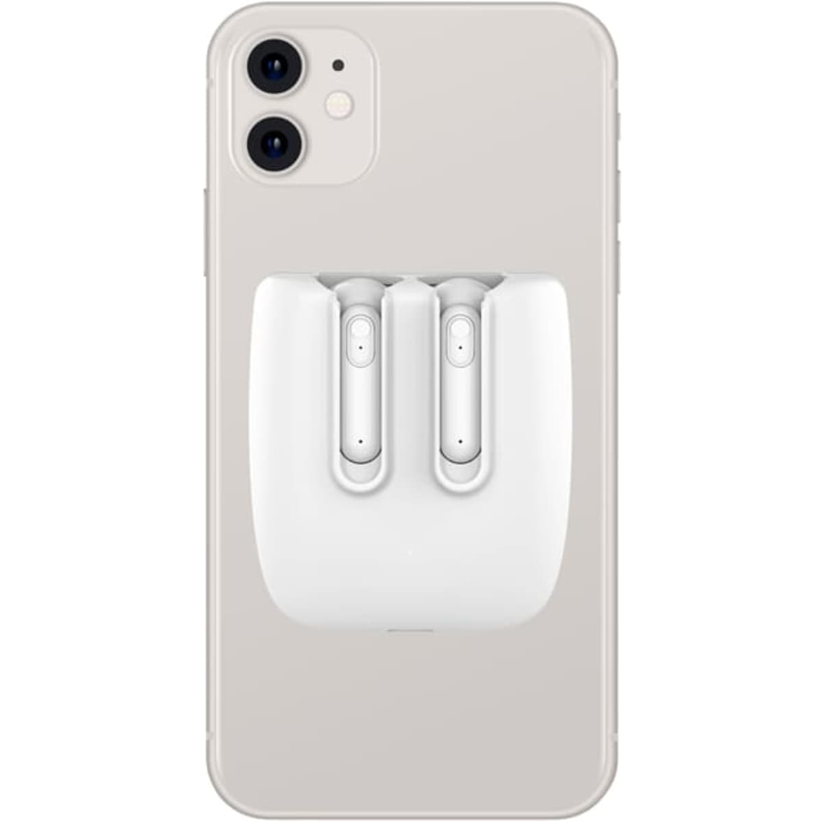 A pair of white Lawson Magnetic TWS earbuds nestled in a grey charging case, alongside a phone featuring a logo.