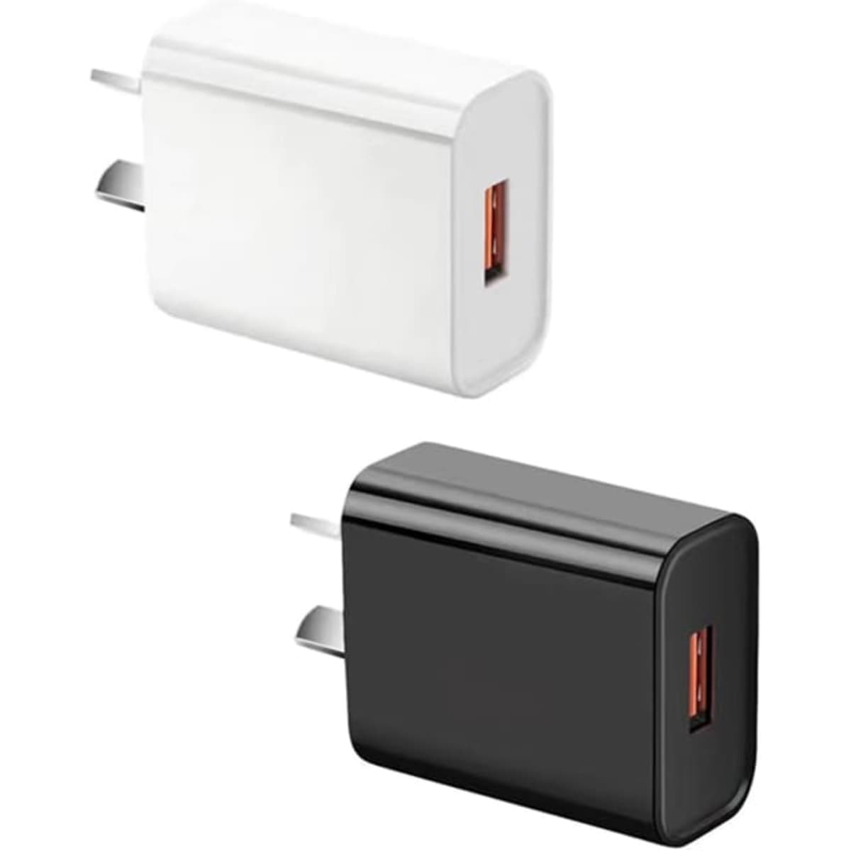 A USB wall charger in white and black, featuring a single charging port and a compact design.