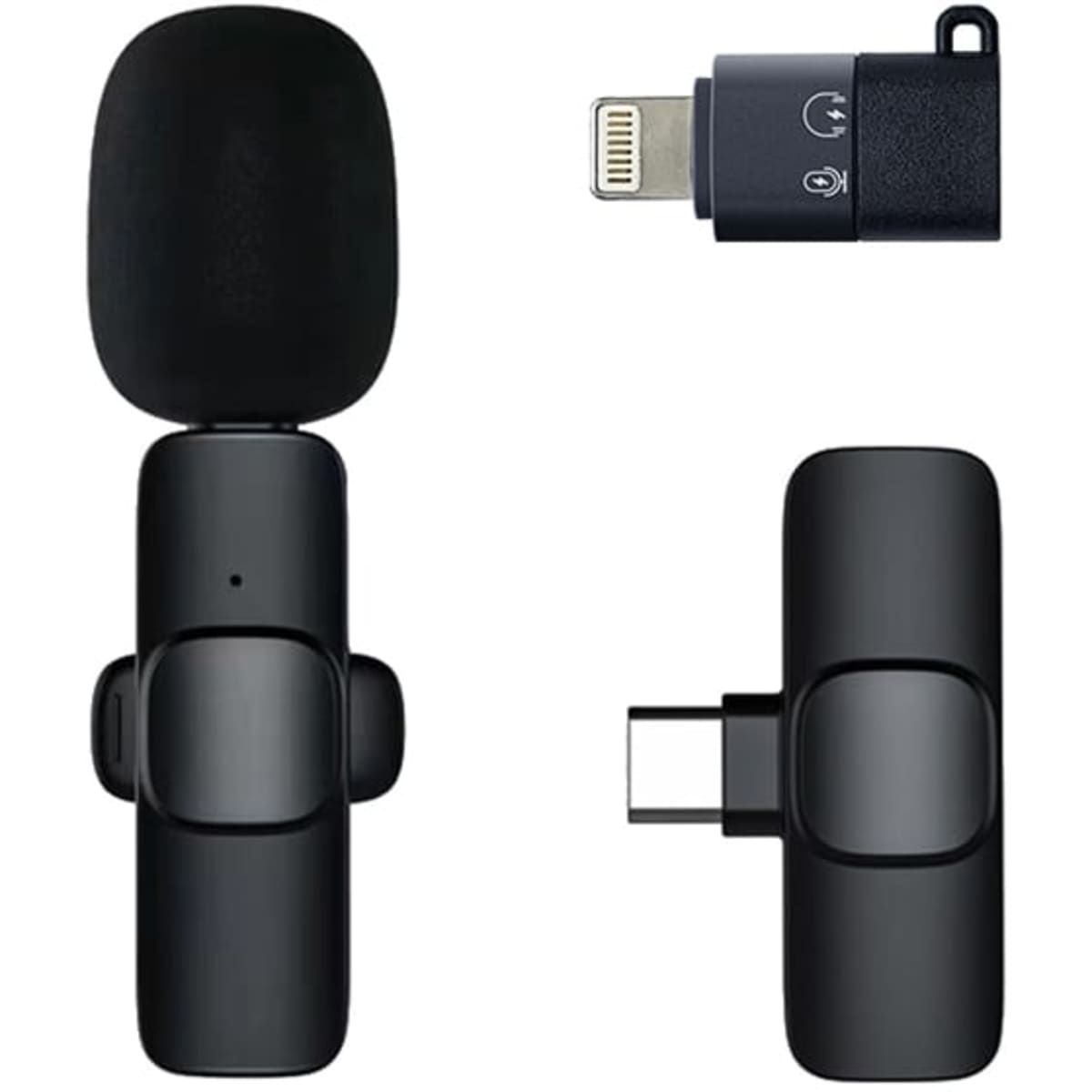 A black wireless microphone with a compact design, accompanied by an adapter, featuring a minimalist style and branding.