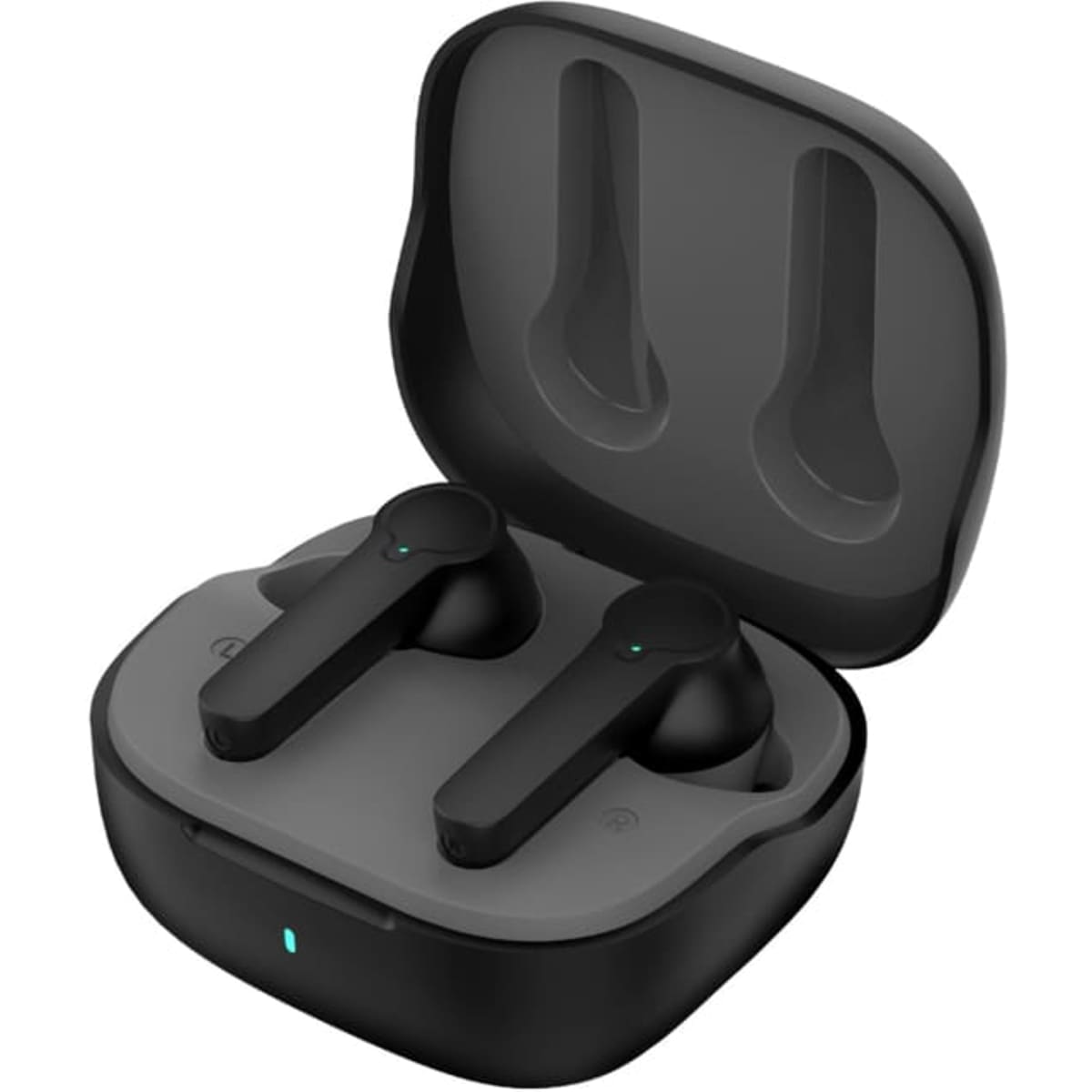 Active noise cancelling TWS earbuds in black, displayed in their charging case with a grey interior and a small indicator light.