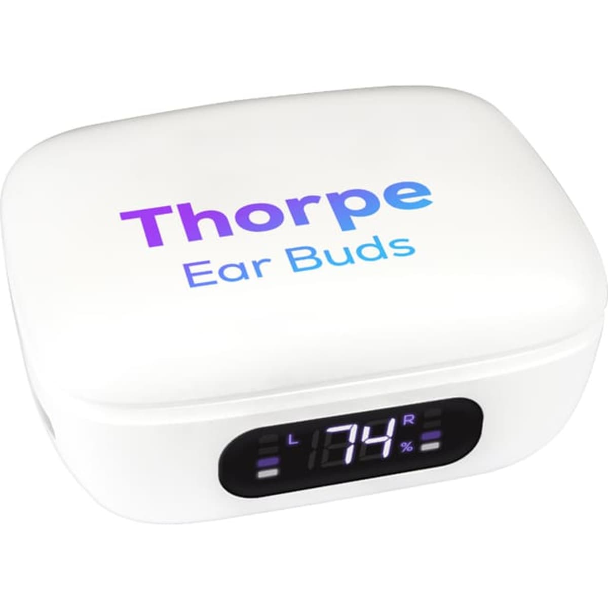 A white charging case for Thorpe TWS Earbuds with an LED display and branding.