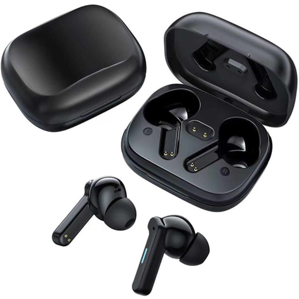 Black Linz Eco TWS earbuds displayed in their charging case, featuring a compact design with a glossy finish.