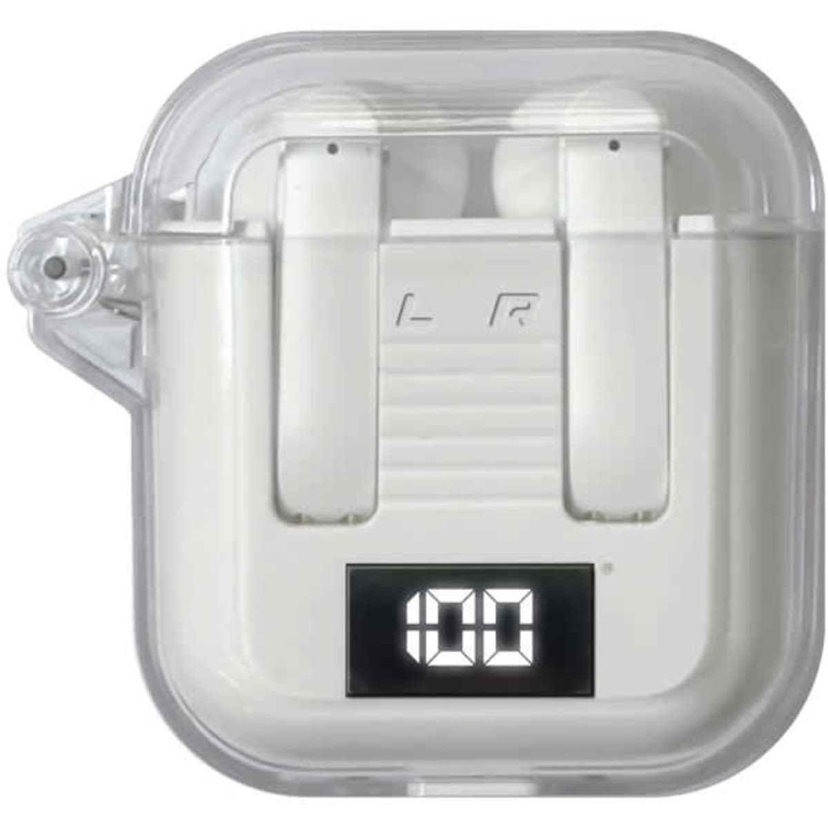 A pair of white wireless earbuds in a transparent charging case, featuring a digital display.