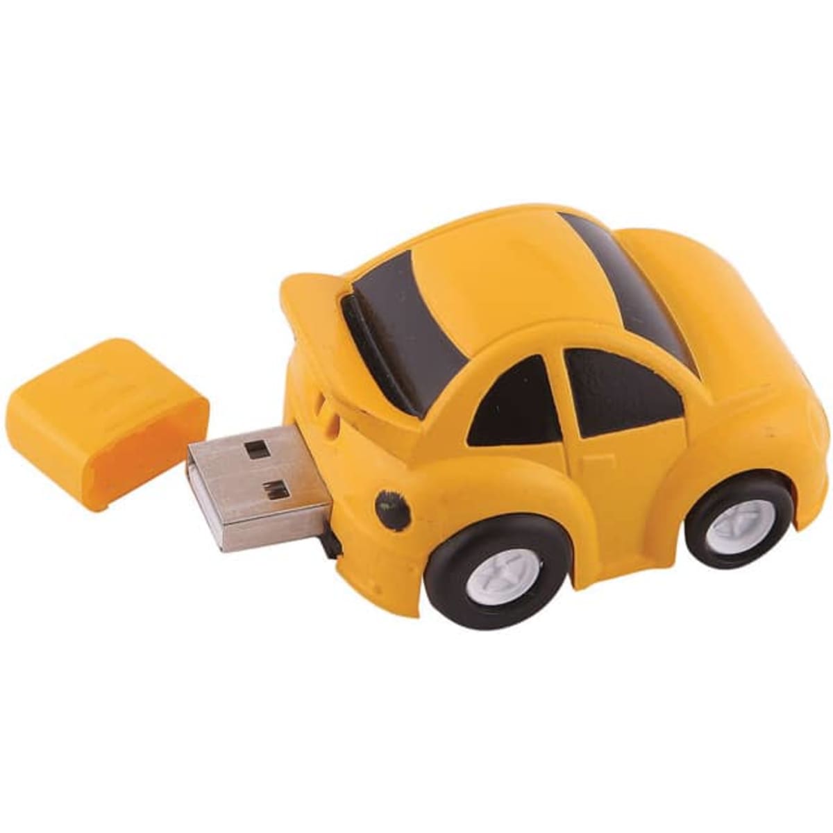 A yellow car-shaped flash drive with a removable cap, featuring black stripes and white wheels.