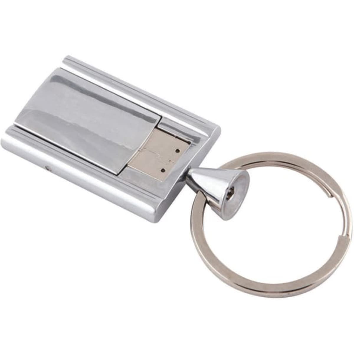 A silver Chrome Flip Flash Drive with a keyring attachment for easy portability.
