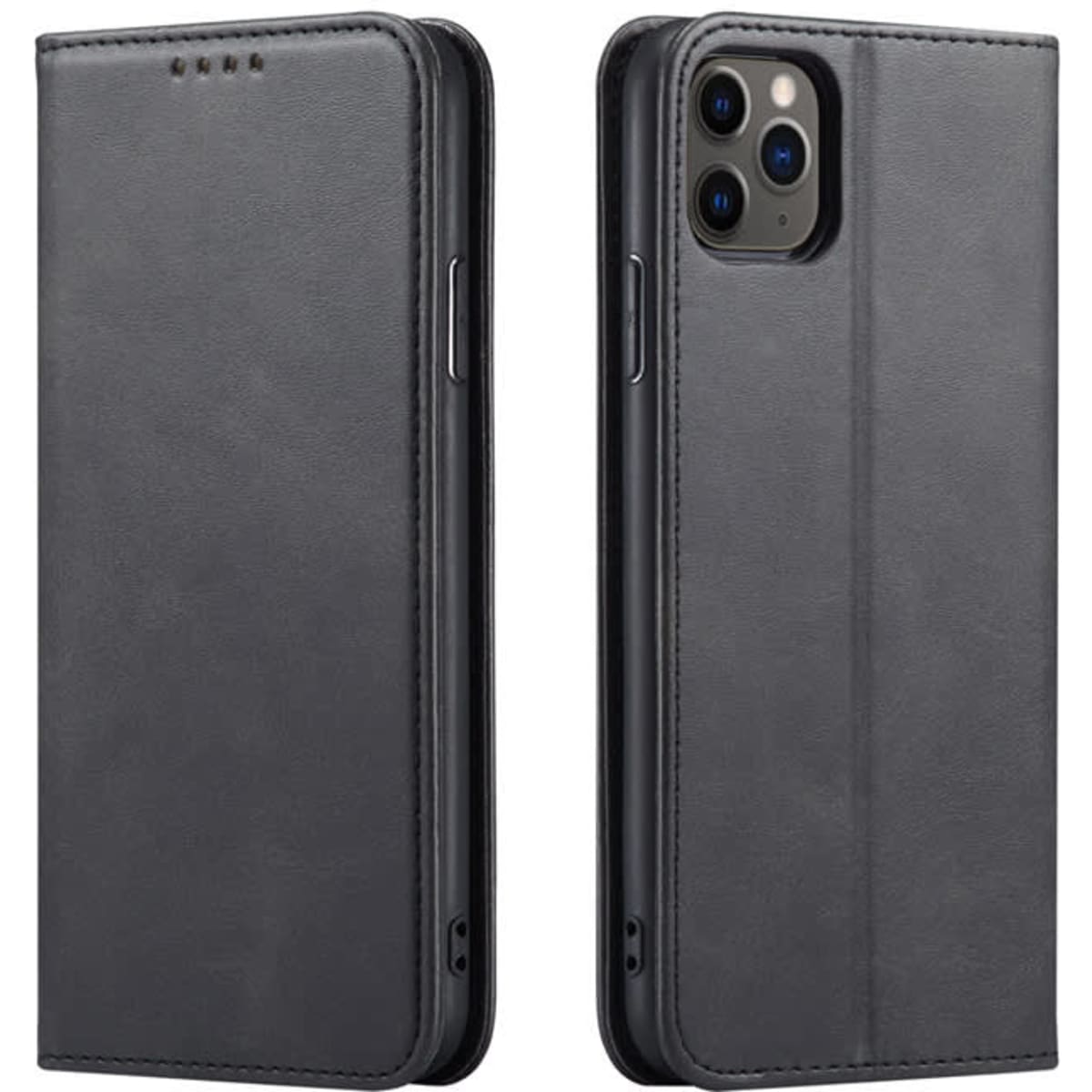A black folio iPhone case with a textured finish, featuring openings for buttons and a camera, and a logo.