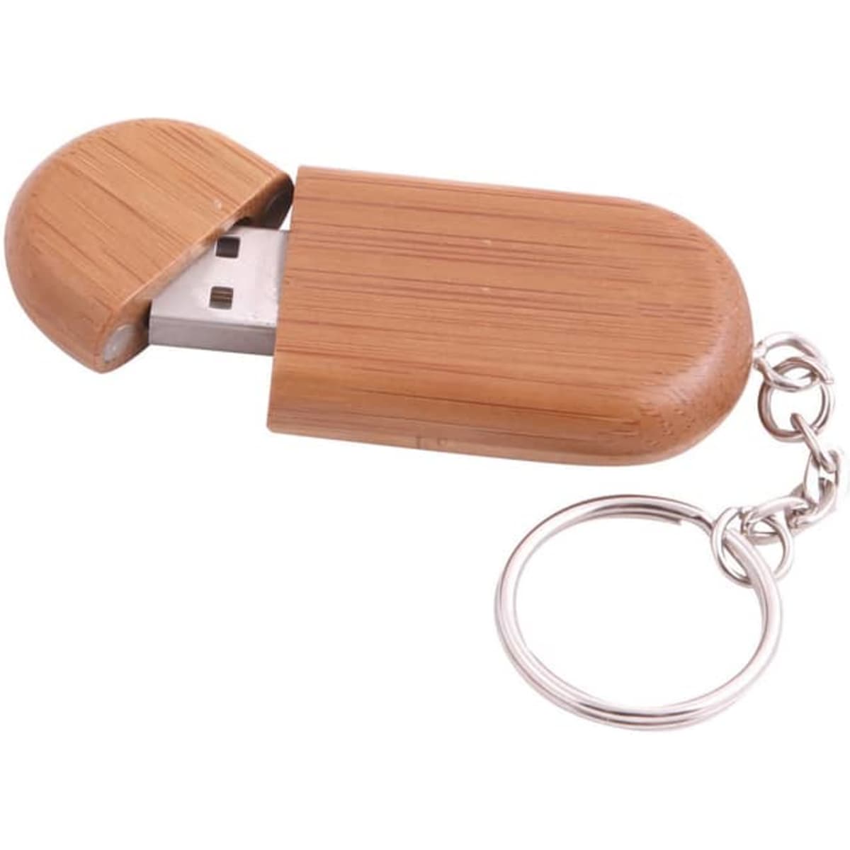 A bamboo flash drive with a rounded cap, featuring a silver keychain attachment.
