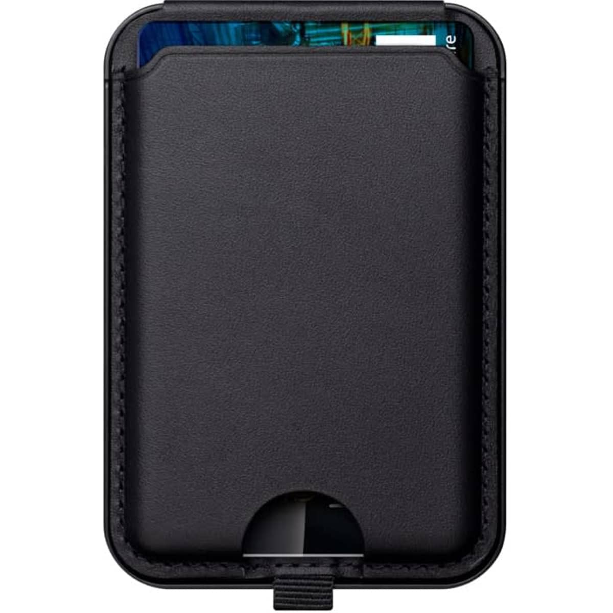 A black magnetic card wallet stand with a sleek design and an opening at the bottom for easy access.