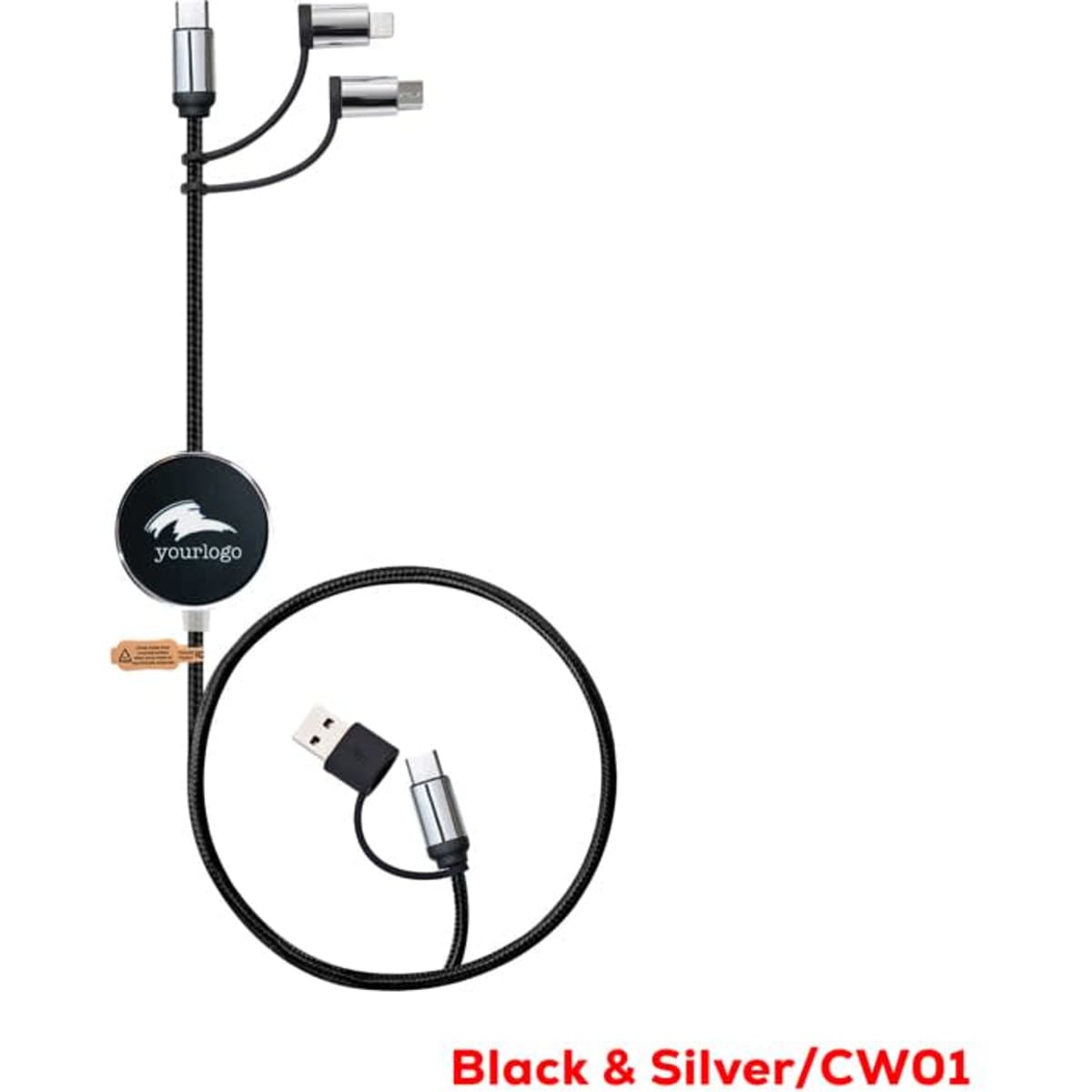 A black and silver LED charging cable with multiple connectors and a retractable design. It includes a logo.
