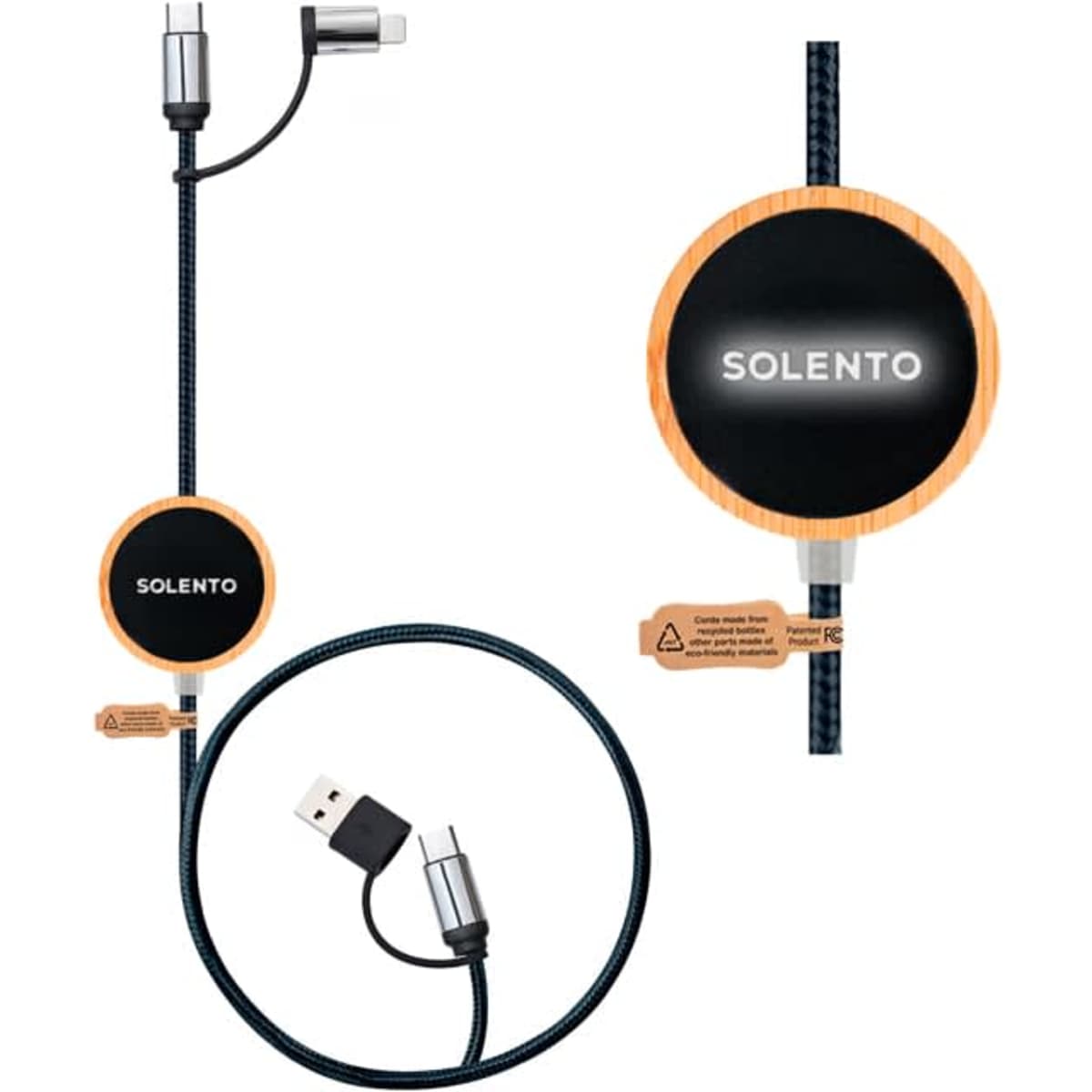 A black and silver charging cable with a retractable design and a round wooden handle featuring a logo.