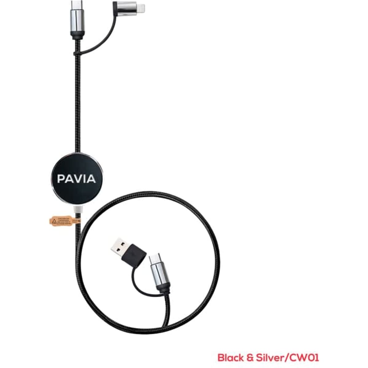 A black and silver charging and data sync cable with a retractable design and multiple connectors.