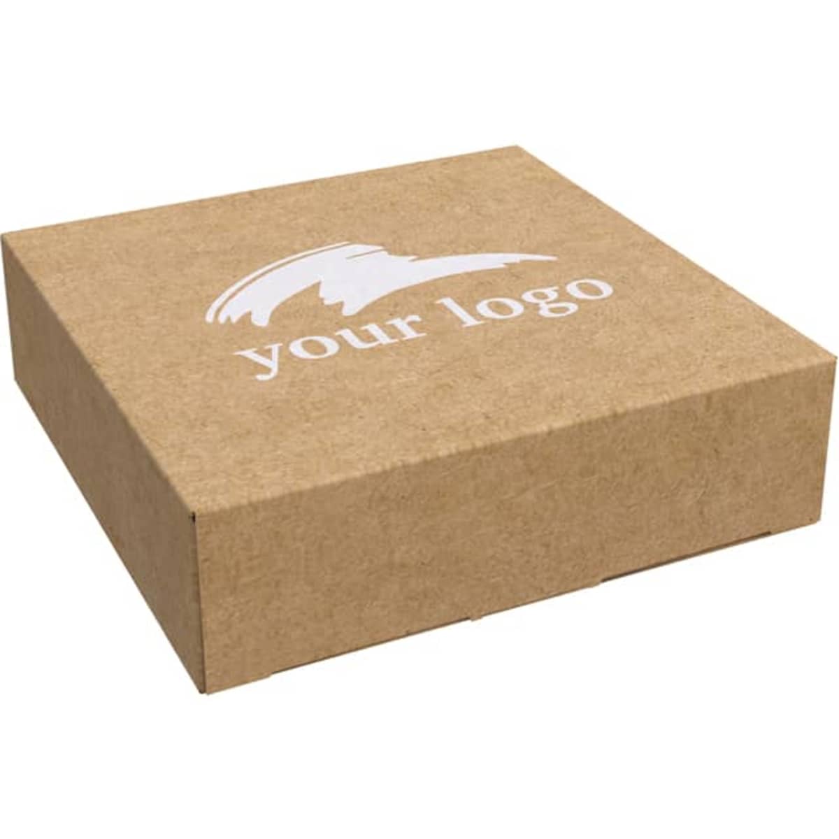 A square, brown kraft box featuring a logo on top, suitable for packaging products.