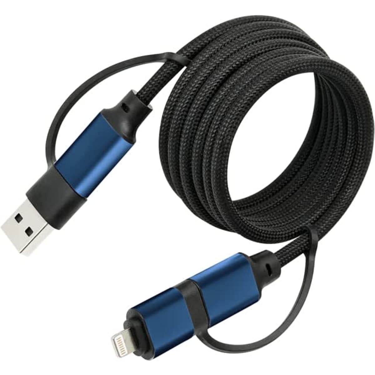 A blue-and-black braided charging cable with USB and Lightning connectors, coiled for easy storage.