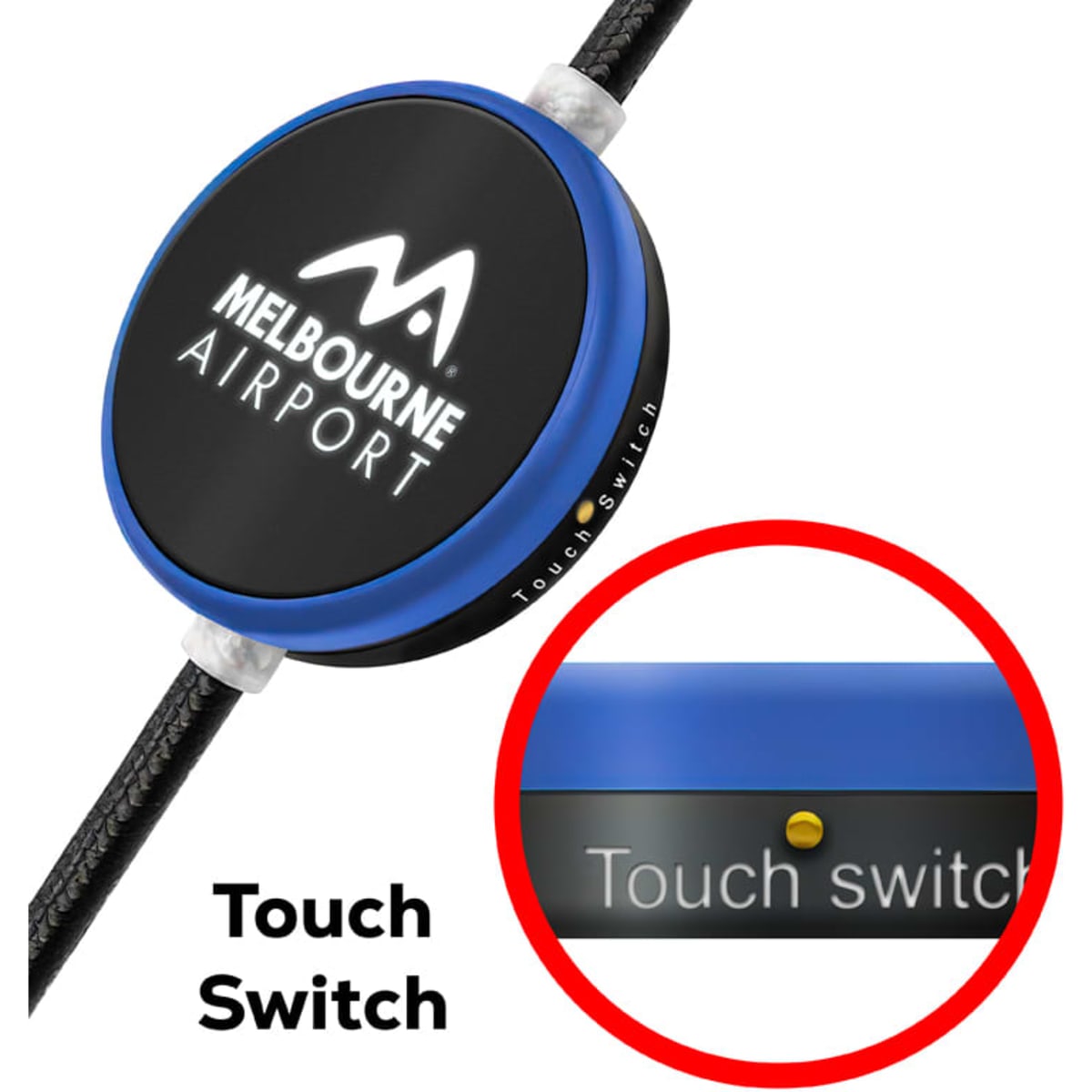 A blue and black touch switch with a logo. The design features a textured cable and a button for activation.
