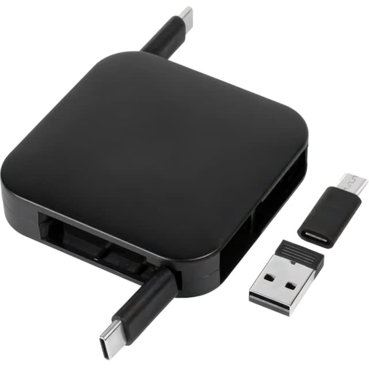 A black retractable fast charge cable and stand with multiple connection types and a USB plug. It features a logo.