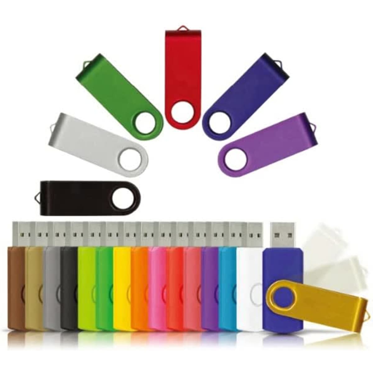 A collection of multi-coloured Mix N Match flash drives, including red, green, purple, black, and more, with various shades displayed.