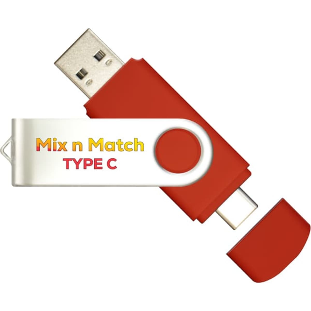 A red Mix N Match Type-C flash drive with a silver swivel section and a protective cap. It features a logo.