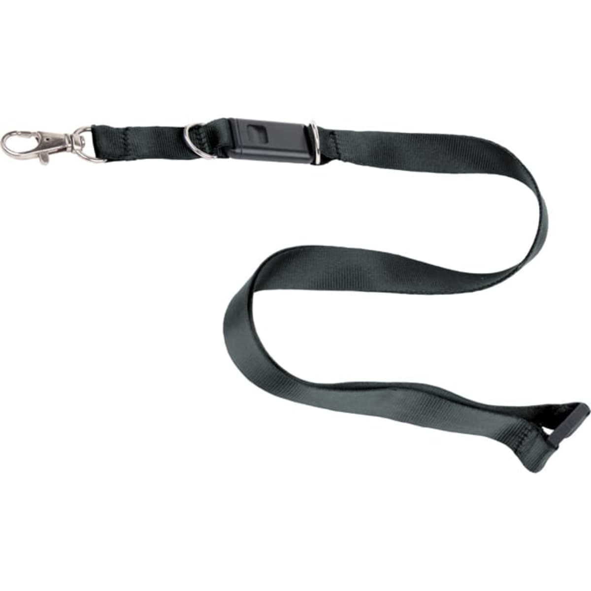 A black conference lanyard with a clip and a built-in USB flash drive. It includes a branding logo.