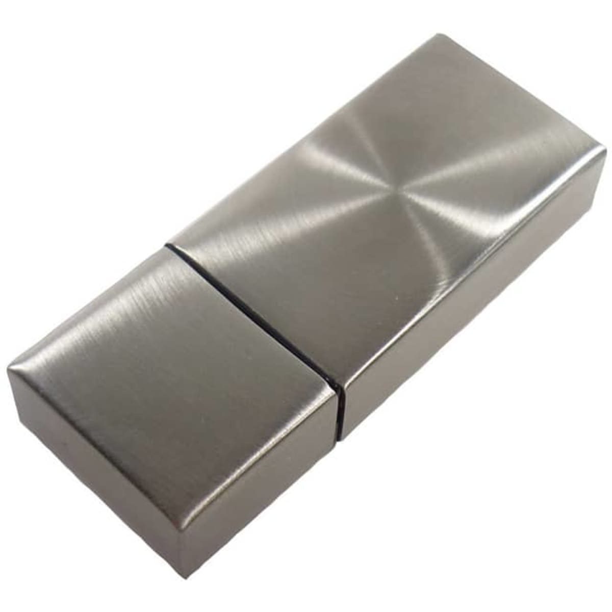 A metallic flash drive in a sleek, rectangular design with a brushed finish and a logo.