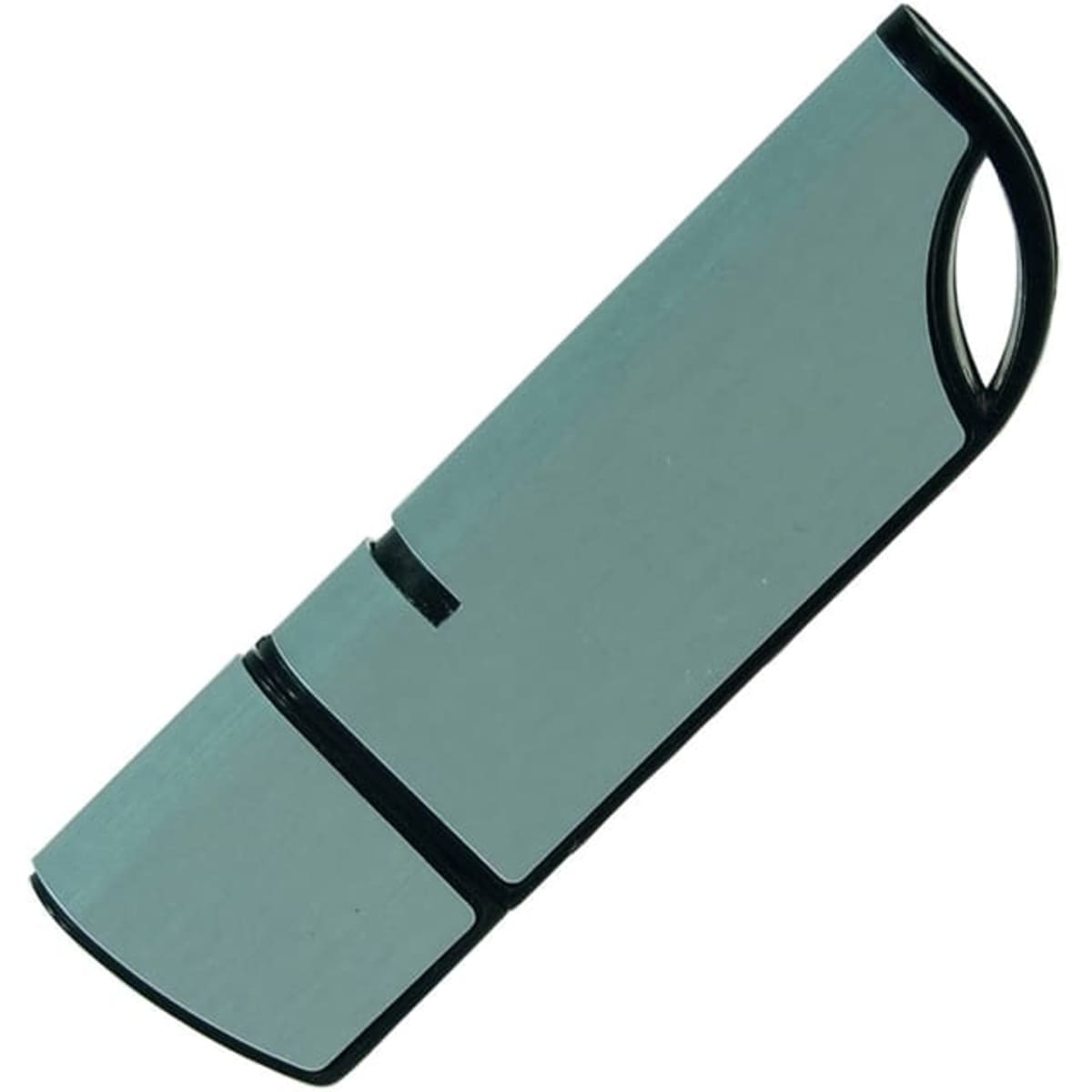 A silver and black flash drive with a sleek design and a small loop for attachment.