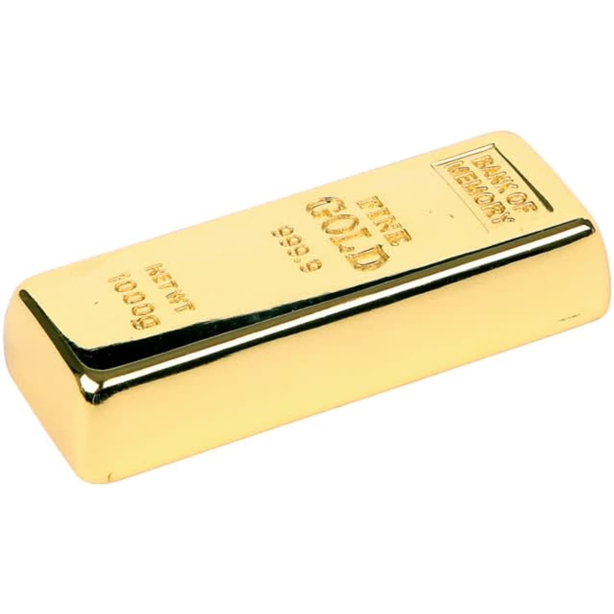 A gold-coloured flash drive shaped like a gold bar, featuring a logo on one side.